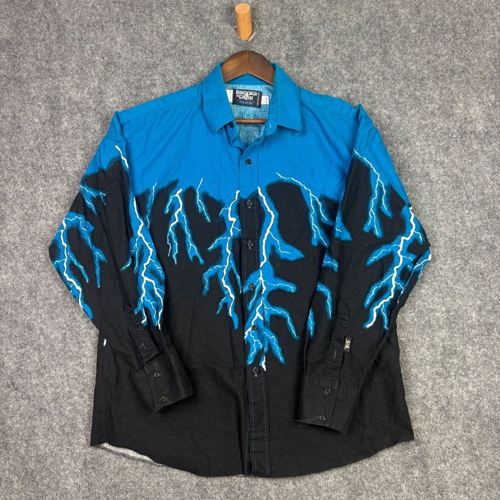 Brooks & Dunn Western Shirt Mens 17-35 Blue Black Lightning Bolt Panhandle Slim
